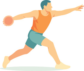 Male athlete throwing discus in orange tank top and blue shorts