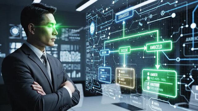 Futuristic Technology Analysis - An Asian businessman in a suit stands with arms crossed, looking intently at a large digital screen displaying a complex flowchart of data and connected nodes.