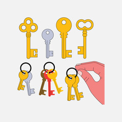 Collection of vintage style keys in gold silver red and brown colors with a hand holding a bunch antique vector illustration.