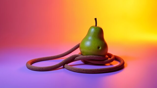 A green pear sitting on top of a brown rope.