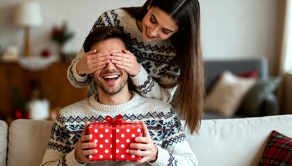 Woman surprising her smiling boyfriend with a Christmas gift. A joyful, intimate moment of holiday gift-giving between a happy couple in festive sweaters