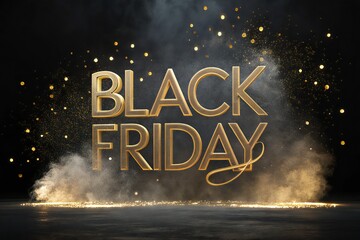 Luxurious golden "Black Friday" text surrounded by glittering particles and smoke, symbolizing sale and celebration.