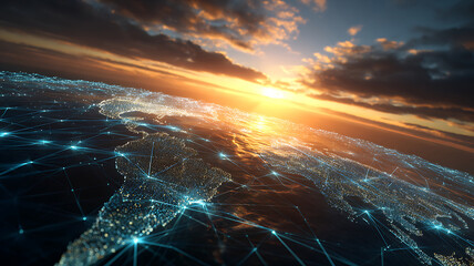Global Network Connectivity Overlay on Earth at Sunset - Digital Connections Spanning Continents