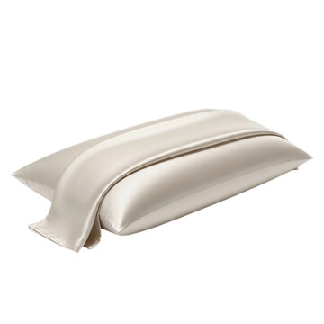 Soft beige silk pillow with folded blanket isolated on transparent background