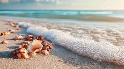 Seashells on Sandy Coast with Crystal Waves in Warm Tropical Light