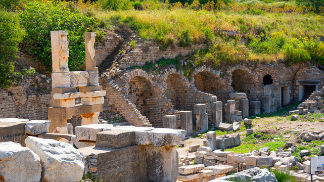 Arched brick structures and stone columns in ancient ruins, Ephesus