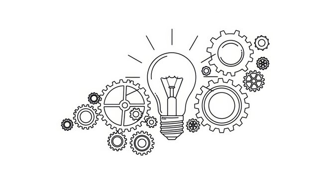 Conceptual idea with gears and lightbulb representing creative mechanical solutions