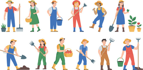 Farmers and gardeners working in vegetable garden, planting, harvesting crops, watering plants, holding tools, basket, gardening people illustration collection