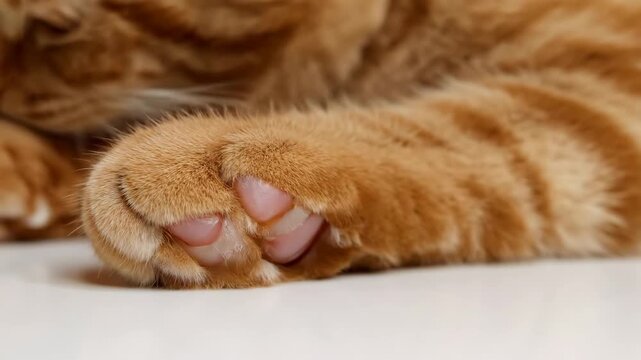 Ginger Tabby Cat Paw Closeup - This video shows a close-up of a ginger tabby cat's paw. The paw is pink and furry, with visible claws and pads.