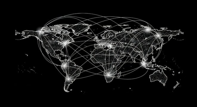 Global connectivity network illuminating major cities around the world on digital map
