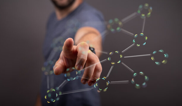 Person interacting with network. Concept of digital technology, innovation, and connection. Futuristic interfac