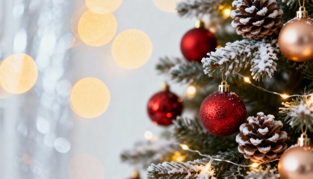 Elegant Christmas tree background with red and gold ornaments. Festive holiday scene with beautiful, bright bokeh lights and copy space. - Powered by Adobe