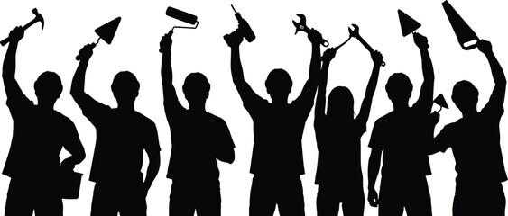 Construction workers team silhouette holding tools vector illustration, labor workforce unity concept, teamwork symbol for industry, engineering, repair, and building maintenance design
