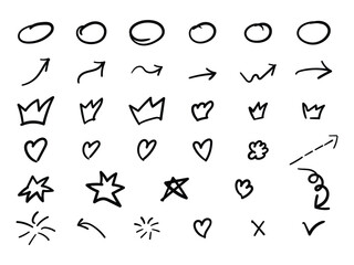 Set of hand drawn doodle elements isolated on white background vector collection of sketch crowns, hearts, arrows