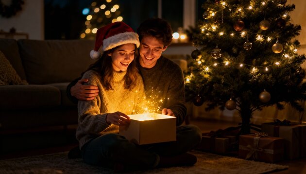 Happy couple opening a magical, glowing Christmas gift. A romantic and joyful holiday moment by a decorated tree at night.