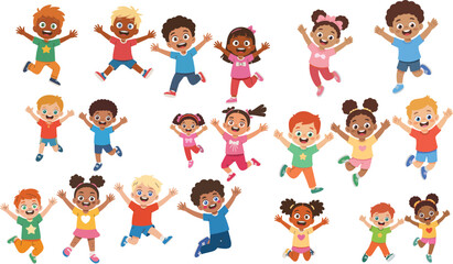 Happy diverse children jumping together with joy, cheerful kids playing outdoors, multicultural friendship, smiling group of boys and girls celebrating fun