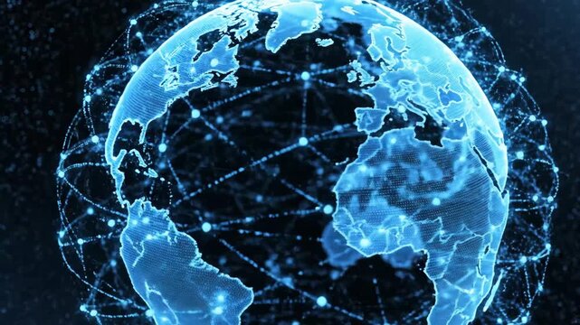 Digital World Network - The video shows a glowing blue digital video of the earth, surrounded by a network of connected dots and lines. The continents are visible in a stylized, futuristic design.