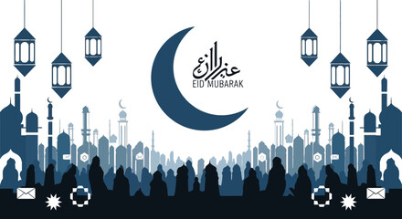 Eid mubarak greeting card with mosque silhouette, crescent moon, and hanging lanterns isolated on for festive celebrations