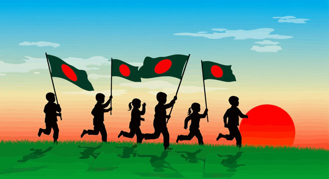 Silhouette of children running with bangladesh flag on independence day with sun rising in the background, a symbol of freedom and patriotism - Powered by Adobe