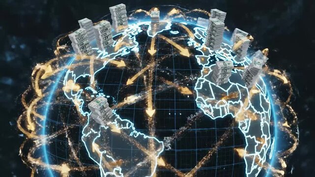 Global Money Transfers - This video depicts a stylized earth with glowing borders, surrounded by stacks of money labeled with different currencies and gold arrows indicating money transfers.