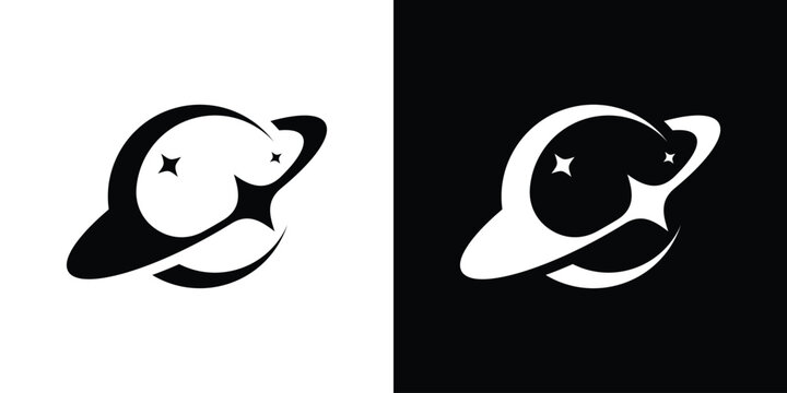 Planet Star Fusion Logo, Dual Meaning Symbol Combining a Planet Orbit Shape with a Star to Represent Cosmic Exploration and Creativity