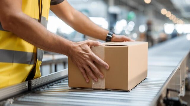 Hands of a worker in a safety vest placing a brown cardboard box onto a conveyor belt system.