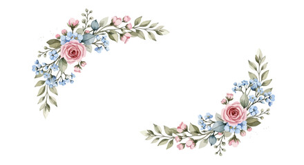 Watercolor floral corner arrangements with pink roses and blue forgetmenots isolated on perfect for wedding invitations