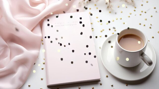Elegant notebook and coffee cup on white surface with pink fabric and gold star accents