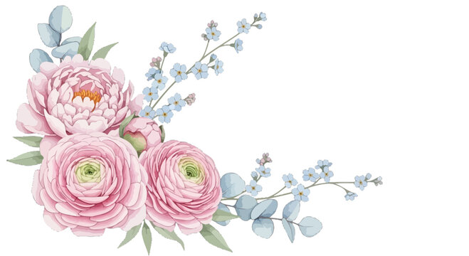 Watercolor floral corner with pink ranunculus and blue wildflowers isolated on, perfect for wedding invitations and greeting cards design