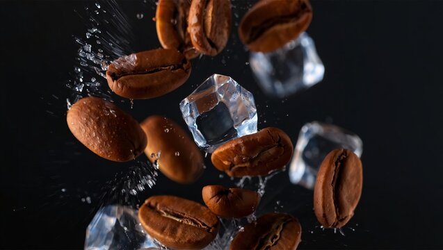 Coffee beans and ice cubes falling in water