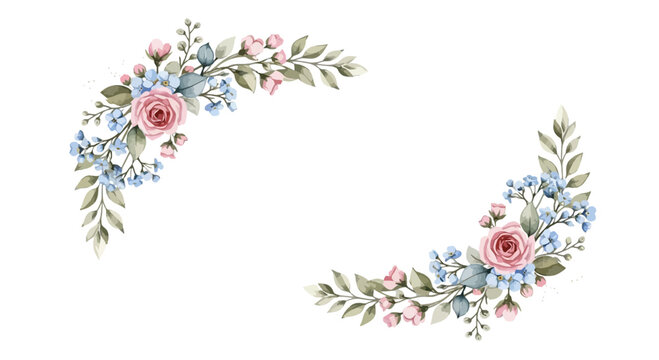Watercolor floral corner arrangements with pink roses and blue forgetmenots isolated on perfect for wedding invitations