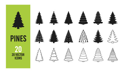 Obraz premium Set of 20 pine tree icons in various styles, including silhouette and outline, on a green background with text pines 20 vector icons