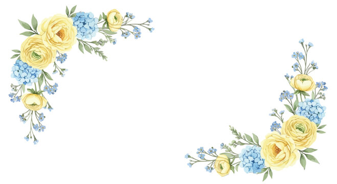 Watercolor floral corner frame with yellow ranunculus and blue hydrangea isolated on, ideal for wedding invitations and cards
