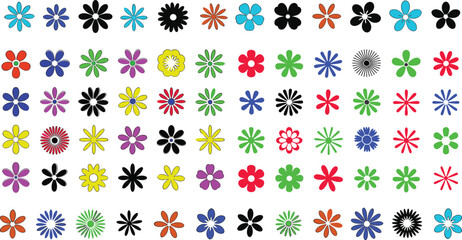 Minimal black flower silhouette icon collection with various petal shapes, simple floral graphic symbols for design, decoration, pattern and illustration