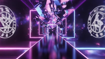 Rendered virtual space with neon lights and futuristic tunnel, symbolizing technological innovation and virtual reality, perfect for sci fi films, video games, or futuristic advertisements.