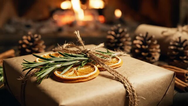 Rustic Christmas Gift Wrapping by Fireplace - Close-up of a hand decorating a gift wrapped in brown paper, tied with twine, and adorned with dried orange slices and rosemary sprigs.