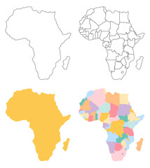 Fototapeta premium Africa map set - outline, political detailed borders, solid, colorful maps. Geography, travel, education, cartography. Vector illustration, isolated on white.