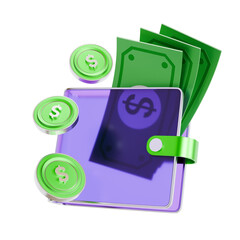 3D icon of a wallet filled with dollar banknotes.