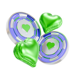 3D icons of a casino chip featuring a heart suit with an inflated green heart beside it.