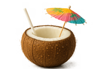 Fresh coconut drink with straw and colorful umbrella for tropical refreshment and exotic holiday vacation on transparent background