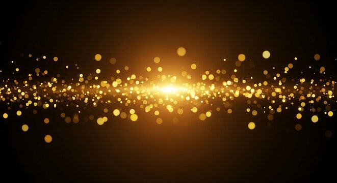 Abstract golden light particles bursting from center on dark background - Powered by Adobe