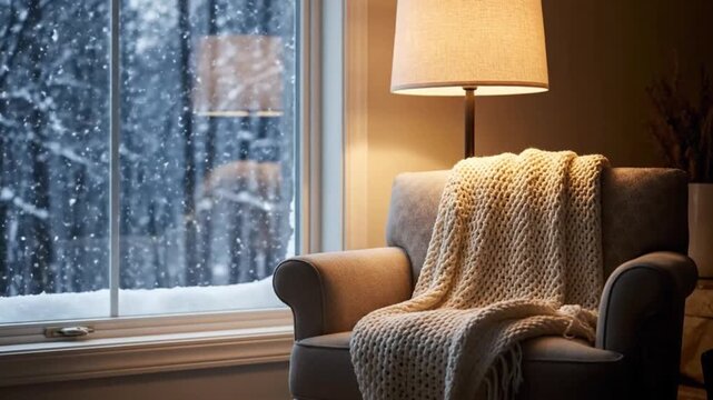 A cozy armchair with a blanket sits by a window as snow falls outside on a winter day