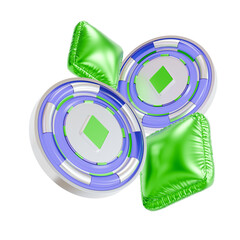 3D icons of a casino chip featuring a diamond suit with an inflated green diamond beside it.