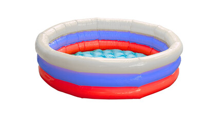 Small inflatable backyard pool with blue water and white, red, and blue striped sides.