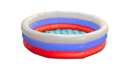 Small inflatable backyard pool with blue water and white, red, and blue striped sides.