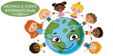 Diverse children holding hands around a happy planet Earth, symbolizing global unity and friendship.