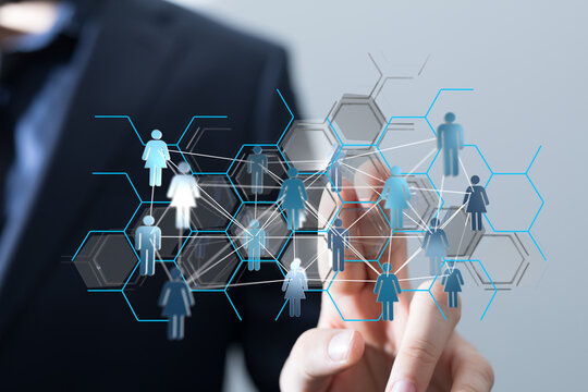 Concept of global network, data analysis, teamwork, and business strategy with hand touching interface. - Powered by Adobe