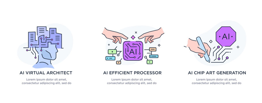 Set of illustrations concept with businessmen. technology, partnership, artificial intelligence business robot, cybes. linear illustration Icons infographics. Landing page site print poster. Line