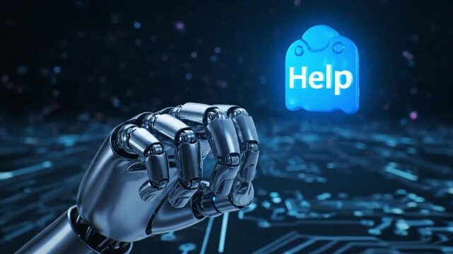 A robot's metallic hand activates a blue "Help" button in a futuristic digital environment.