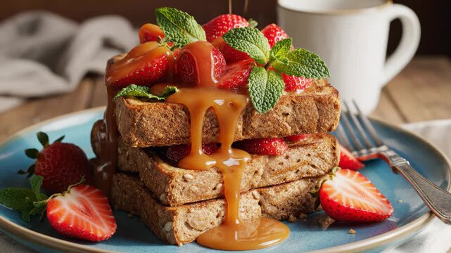 Delicious French Toast Stack with Caramel and Strawberries - This video shows a stack of three slices of french toast generously topped with fresh strawberries and mint leaves.